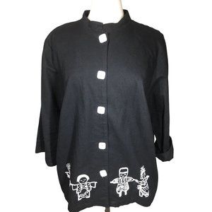 Vintage On The Rocks Women's 1X Black Cotton Linen Button Up Tribal Art to Wear